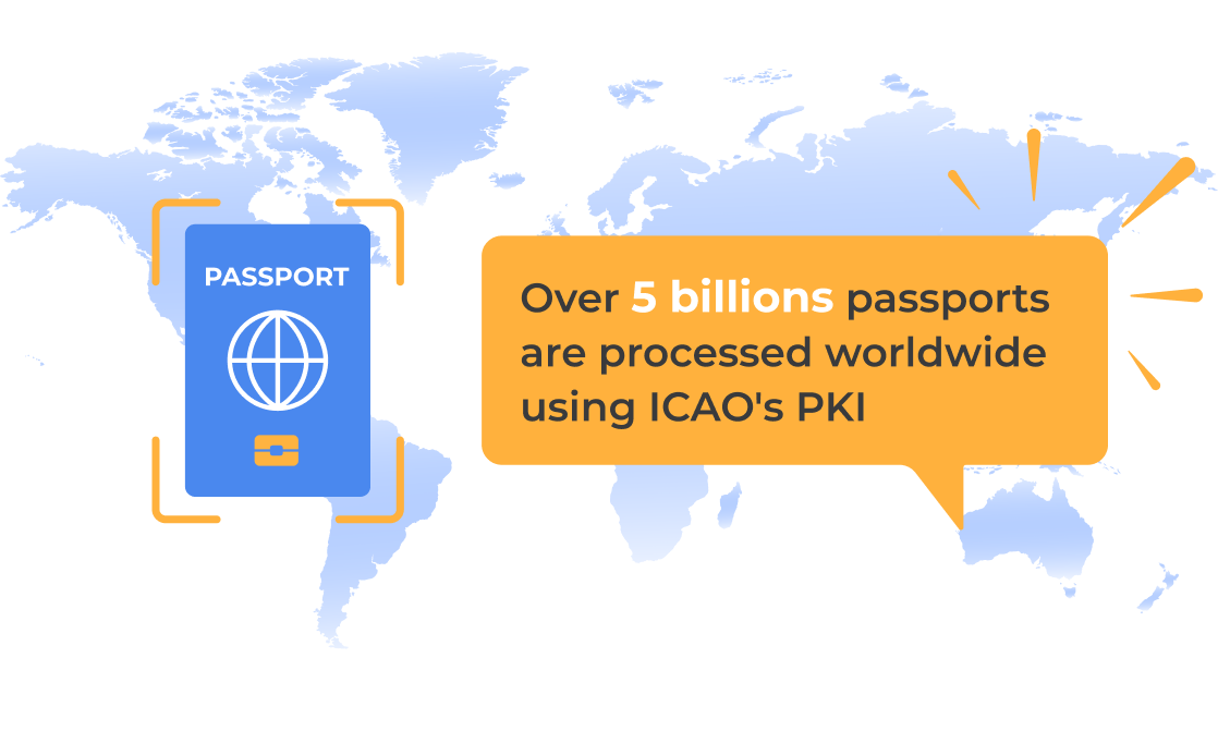 The world map and the passport to showcase 5 billons of passports verified